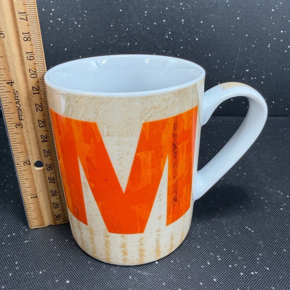 Pier 1 Imports Porcelain Coffee Mug Letter M Monogram Orange Tan Wood Grain 4in